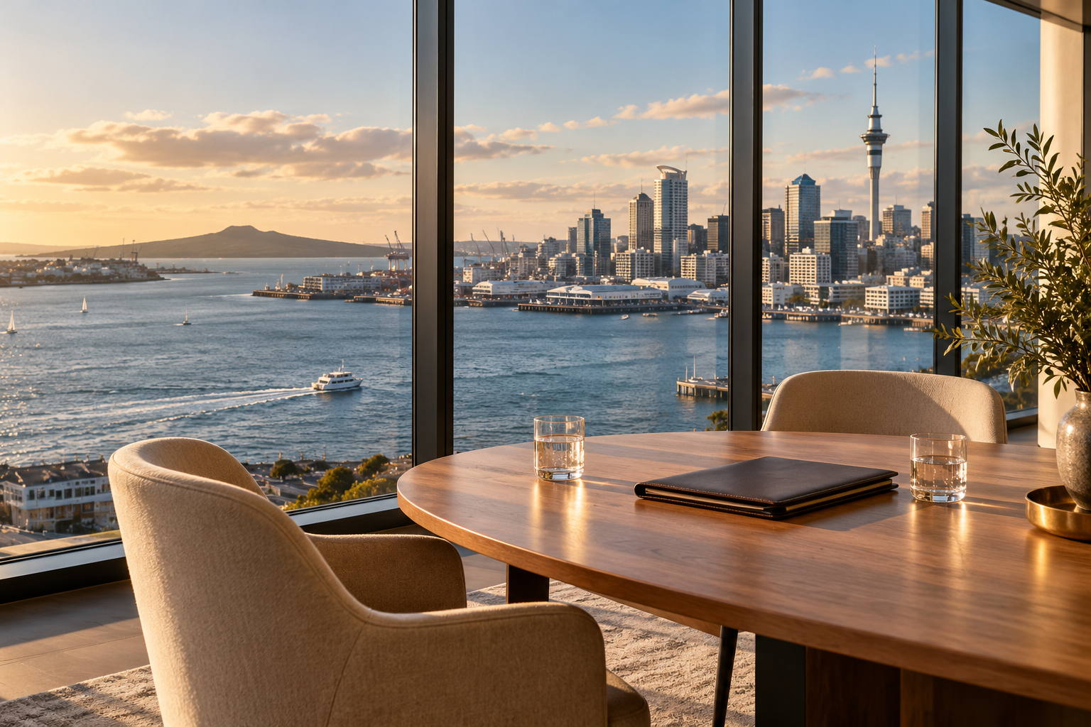 Illustrative private meeting lounge overlooking a New Zealand harbour