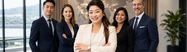 Professional portrait illustration featuring Helen and business professionals